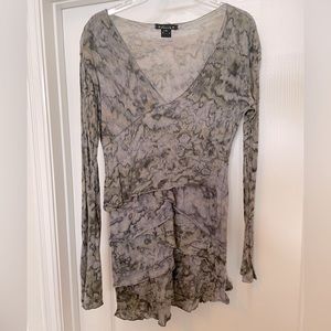 Dunia long sleeve tee blouse top v neck size XLarge- greens and greys watercolor